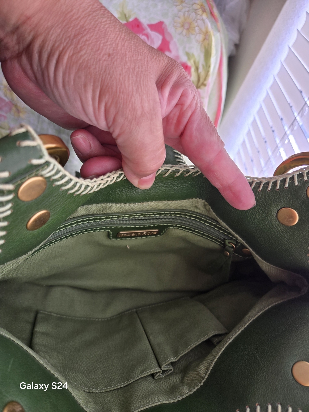 Isabella Fiore Green Leather Shoulder Tote with Whipstitch and Brass Accents